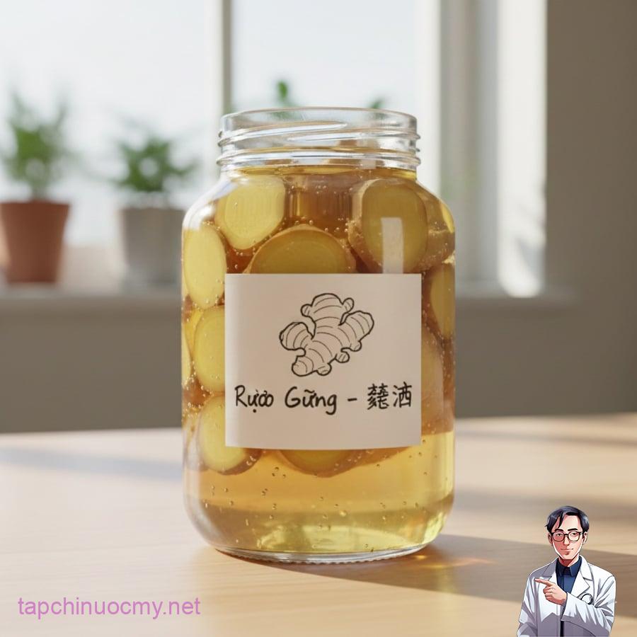 Hũ rượu gừng ngâm đúng chuẩn với gừng già thái lát và rượu trắng 40–45 độ.