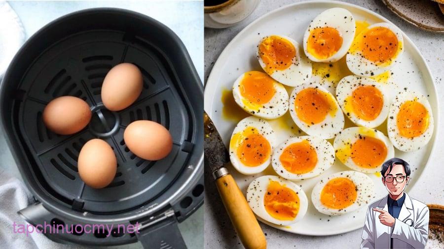 Để làm trứng lòng đào, bạn có thể cho trứng vào nồi chiên không dầu, làm nóng ở nhiệt độ 140 độ trong vòng 8 phút.