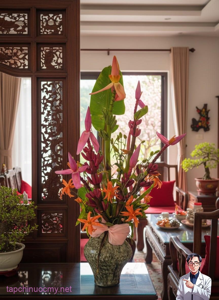 Hoa chuối búp sen hồng cắm bình lớn, tạo điểm nhấn sang trọng và giúp không gian ngày Tết bừng sáng.