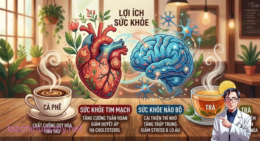 Mỗi loại đồ uống có thế mạnh riêng: trà hỗ trợ tim mạch, cà phê nổi bật về chức năng nhận thức.