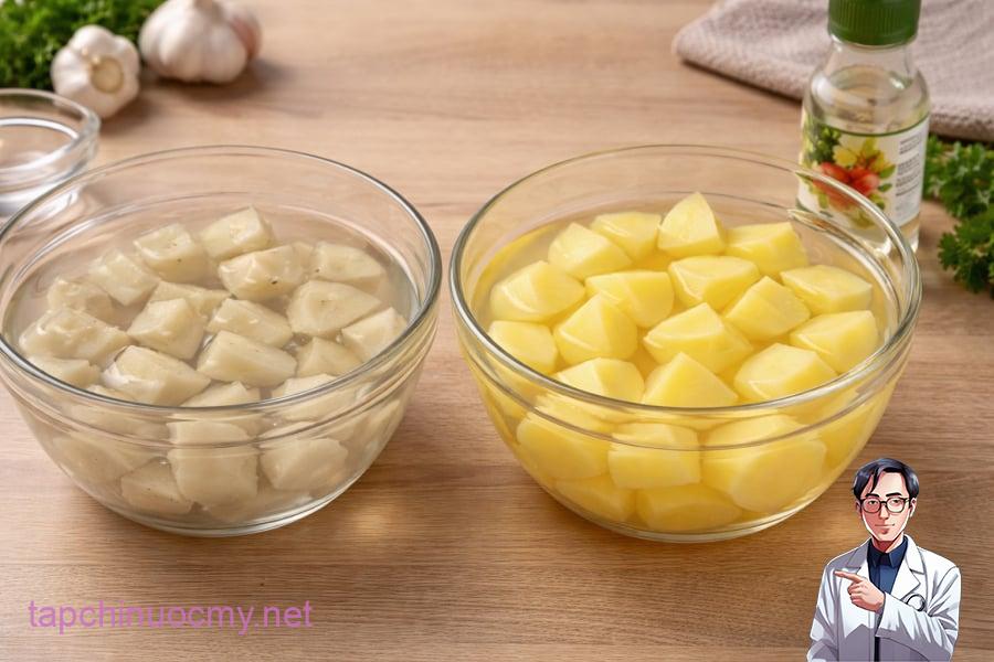 Ngâm khoai tây với chút giấm giúp hạn chế thâm đen và giữ màu vàng tươi tự nhiên.
